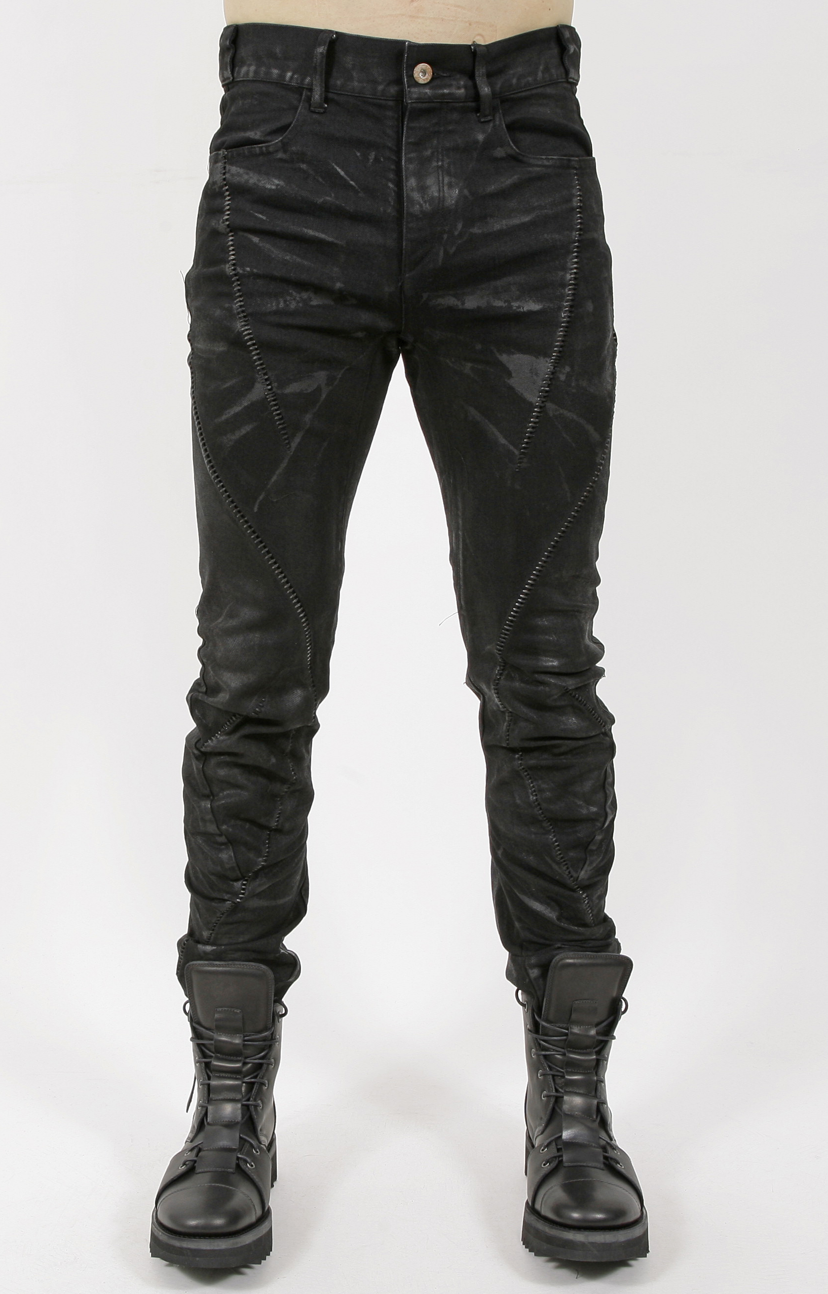 D.Hygen Coated Stretch Denim Overlock Twisted Curved Slim Trousers